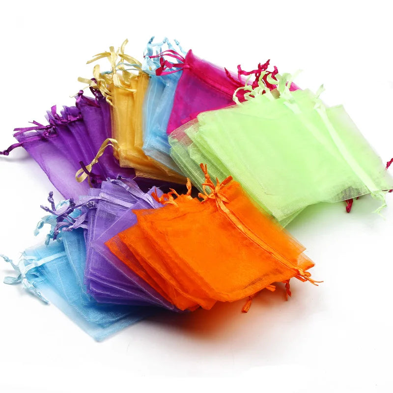 50pcs/lot 7x9cm 9x12cm 10x15 13x18cm Drawstring Organza Gift Bags Jewelry Packaging Bag Wedding Party Packaging Present Pouches