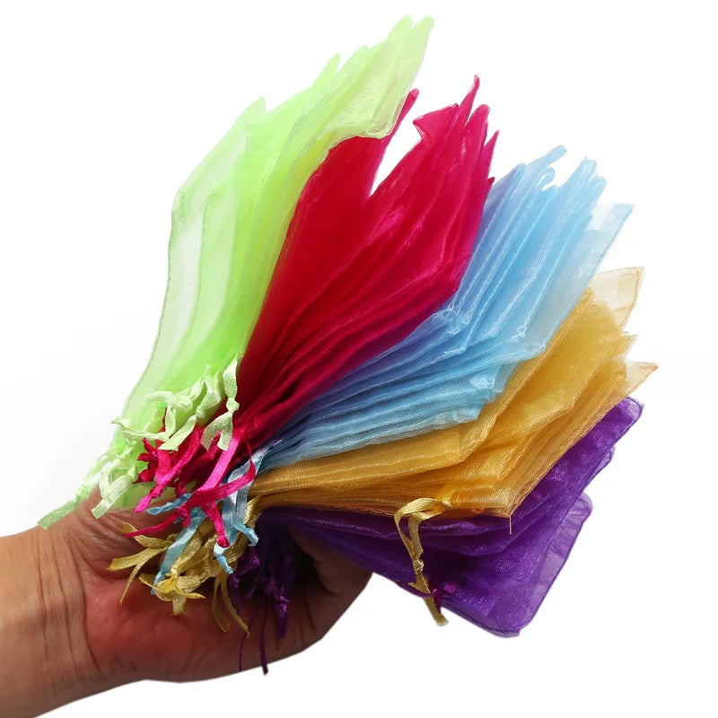 50pcs/lot 7x9cm 9x12cm 10x15 13x18cm Drawstring Organza Gift Bags Jewelry Packaging Bag Wedding Party Packaging Present Pouches