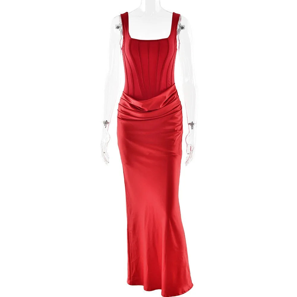 Women's Corset Satin Maxi Dress Square Neck Bodycon Mermaid Formal Evening Gown Evening Dresses Sehe Fashion