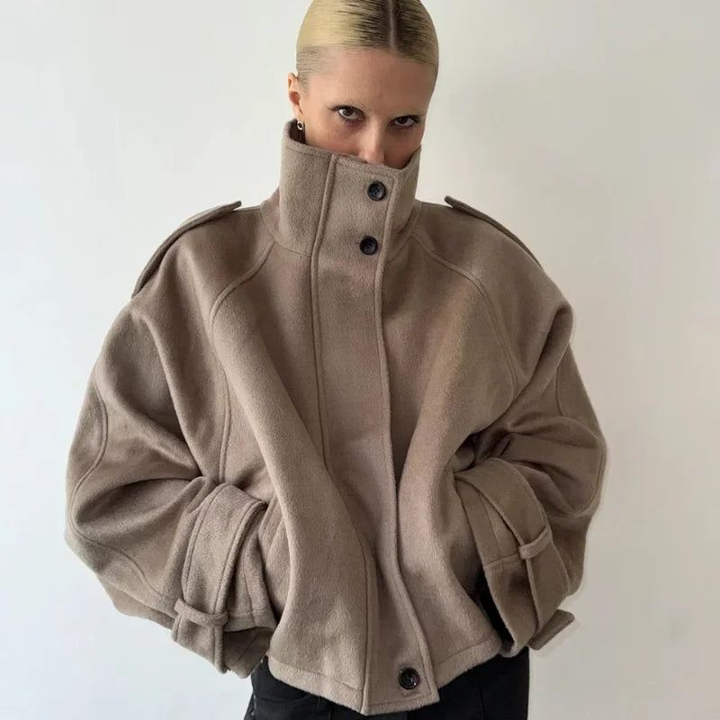 Fashion Short Woolen Coat For Women Stand Collar Full Sleeve Loose Zipper Jacket Female 2025 Spring Autumn Solid Lady Outwear