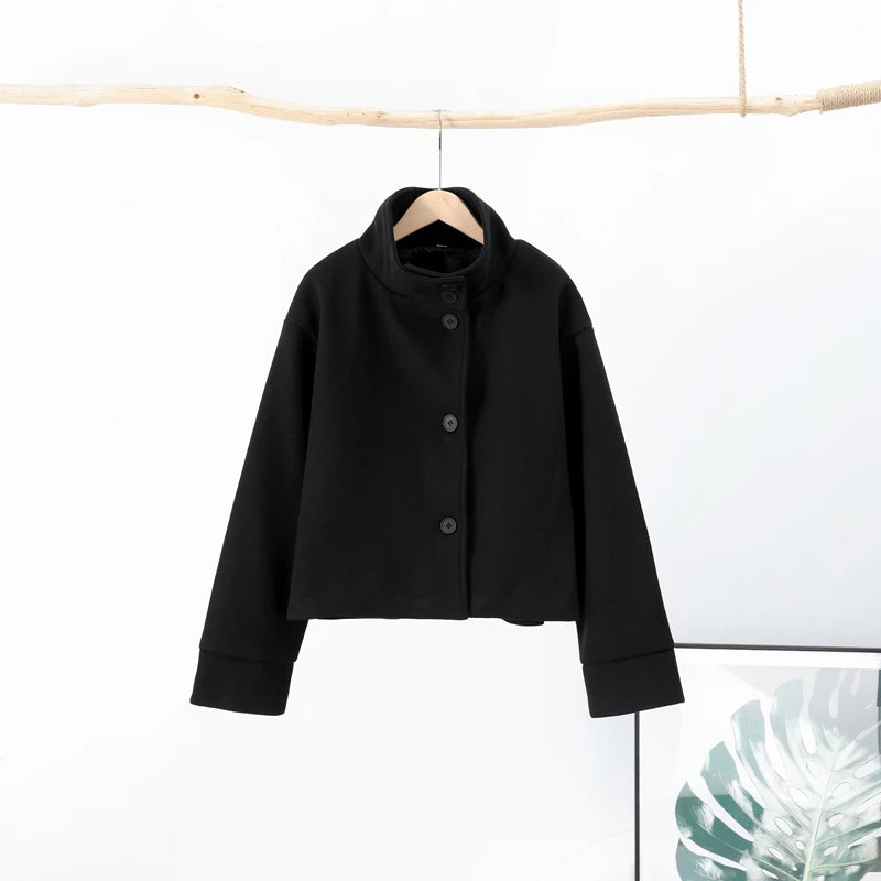 Fashion Short Woolen Coat For Women Stand Collar Full Sleeve Loose Zipper Jacket Female 2025 Spring Autumn Solid Lady Outwear