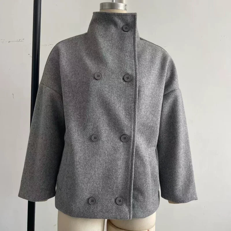 Fashion Short Woolen Coat For Women Stand Collar Full Sleeve Loose Zipper Jacket Female 2025 Spring Autumn Solid Lady Outwear