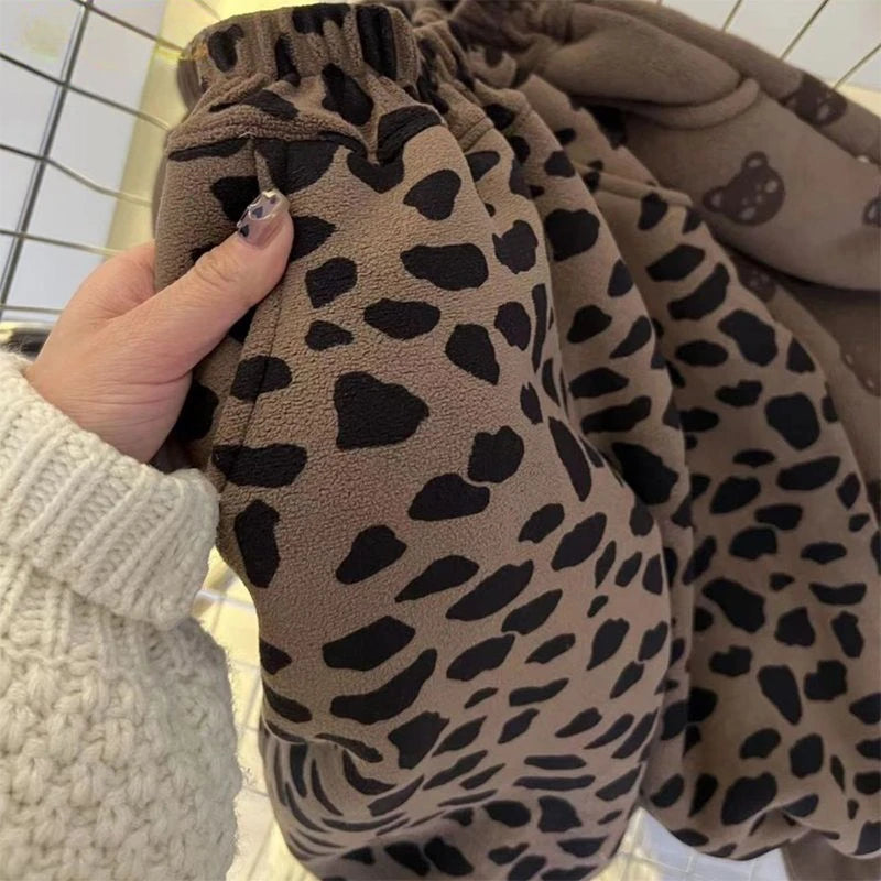 Kids' Bear & Leopard Print Fleece Pants - Winter Warm Soft Comfortable Casual Trousers for Girls and Teenagers