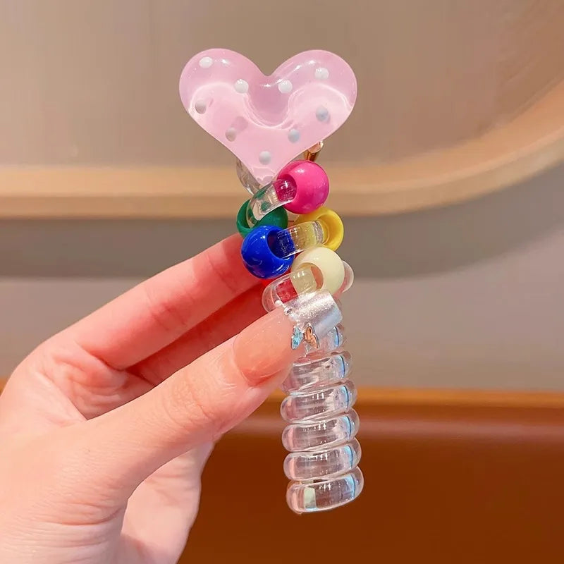 Colorful Heart Elastic Rubber Bands Children Telephone Wire Hair Ties Spiral Coil Hairbands Hair Rope Ponytail Hair Accessories