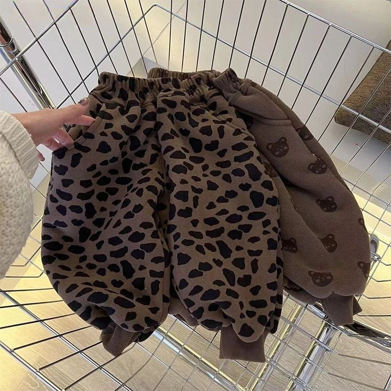 Kids' Bear & Leopard Print Fleece Pants - Winter Warm Soft Comfortable Casual Trousers for Girls and Teenagers
