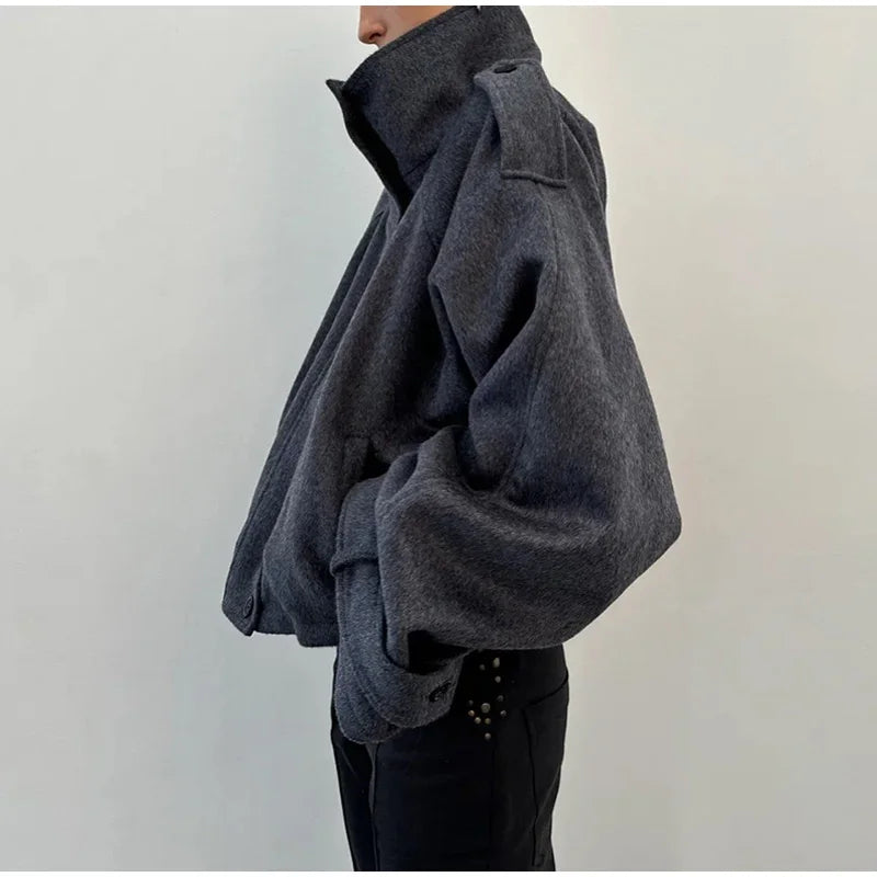 Fashion Short Woolen Coat For Women Stand Collar Full Sleeve Loose Zipper Jacket Female 2025 Spring Autumn Solid Lady Outwear