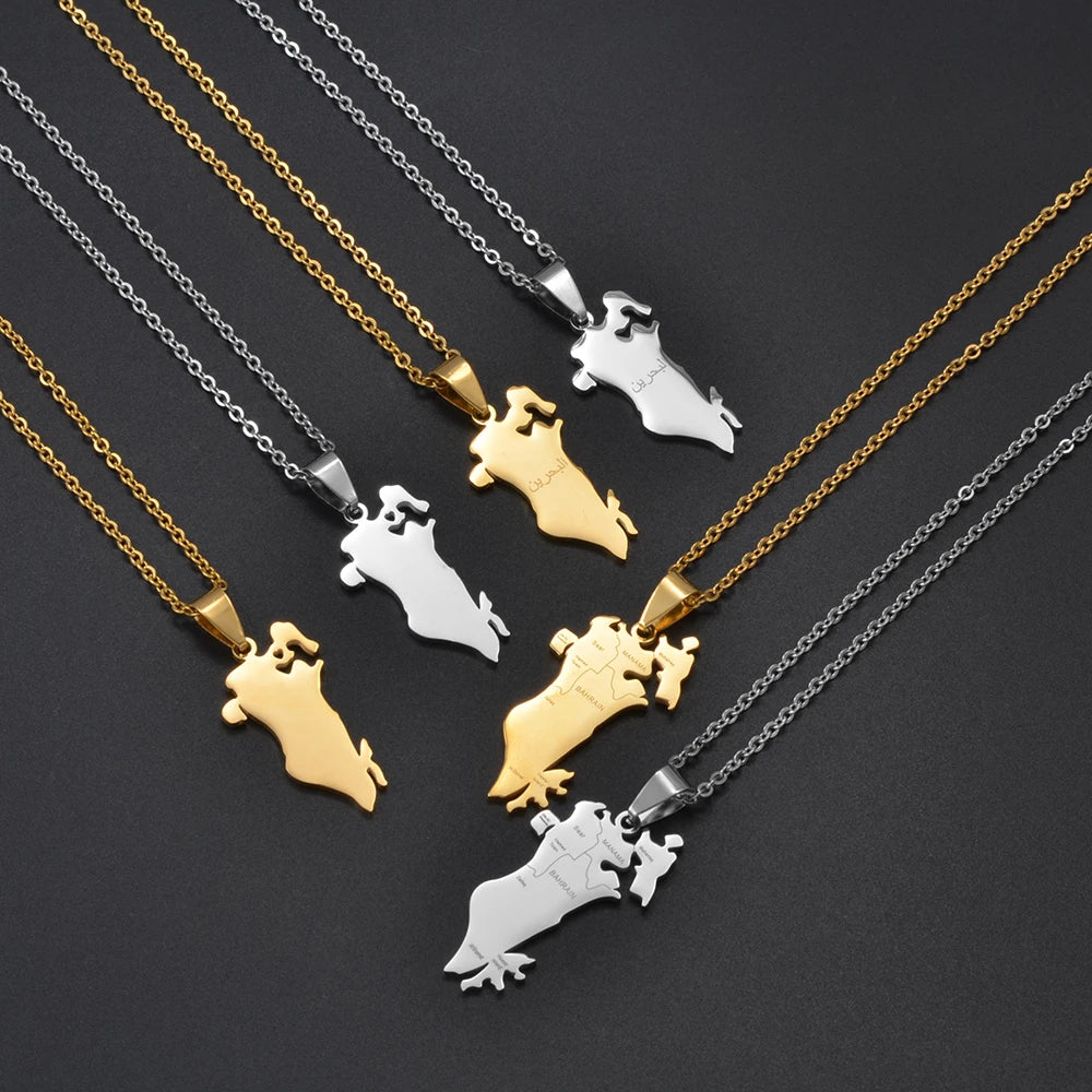 Anniyo 1Piece, Bahrain Map Pendant Necklaces Stainless Steel Jewelry 2025 New Arrivals #500962