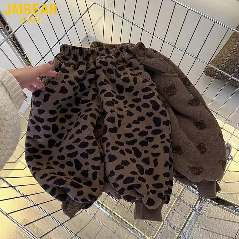 Kids' Bear & Leopard Print Fleece Pants - Winter Warm Soft Comfortable Casual Trousers for Girls and Teenagers