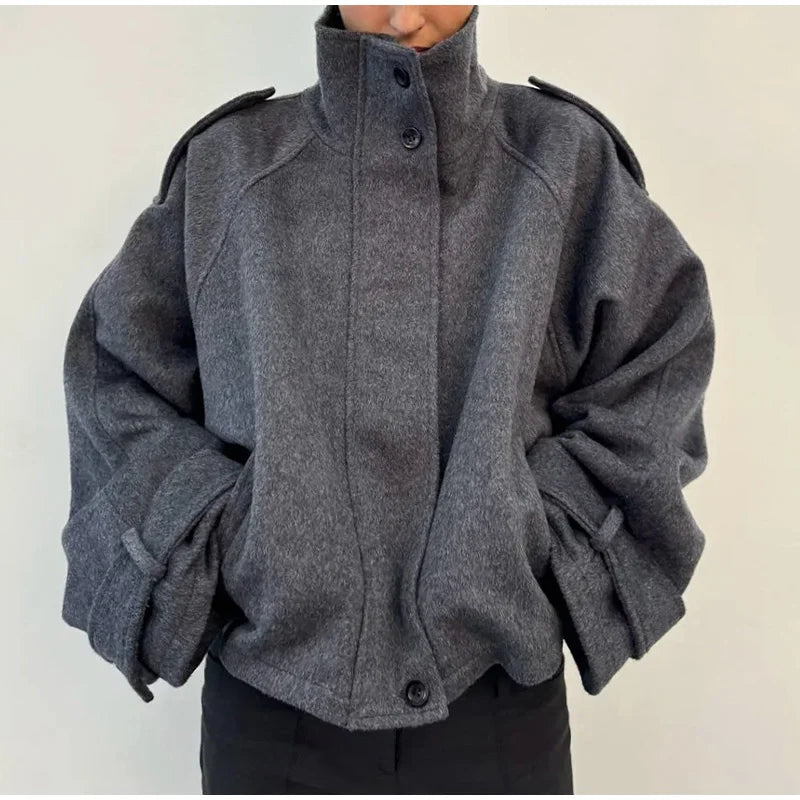 Fashion Short Woolen Coat For Women Stand Collar Full Sleeve Loose Zipper Jacket Female 2025 Spring Autumn Solid Lady Outwear