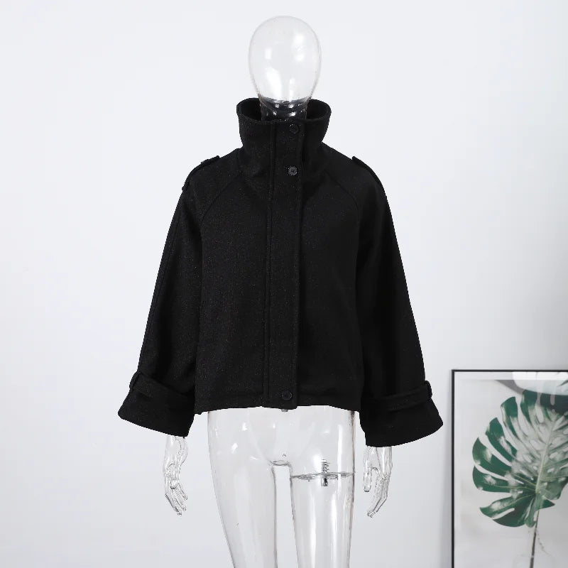 Fashion Short Woolen Coat For Women Stand Collar Full Sleeve Loose Zipper Jacket Female 2025 Spring Autumn Solid Lady Outwear