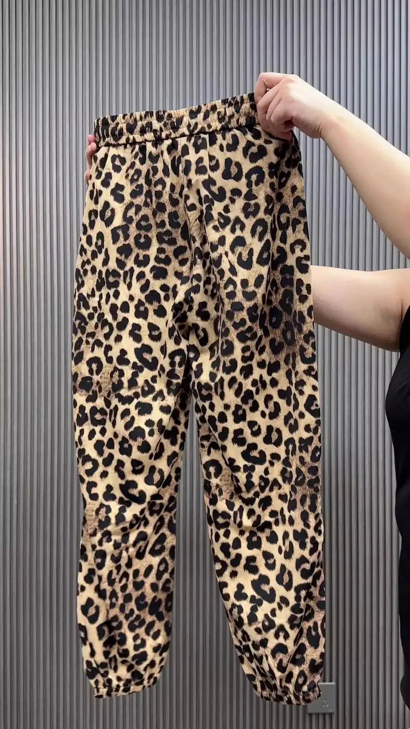 Summer New Ice Silk Leopard Print Pants Women Slim Harlan Loose Large Size Square Dance Sports High Waist Casual Trousers