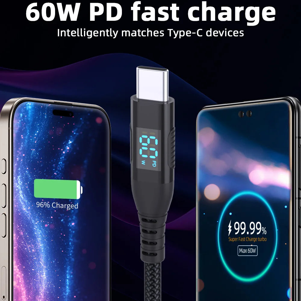 HOMEFISH LED Digital Display Dual Head Type-C Super Fast Charger 100W 6A Compatible with Huawei Xiaomi Phone PD Charging Cable