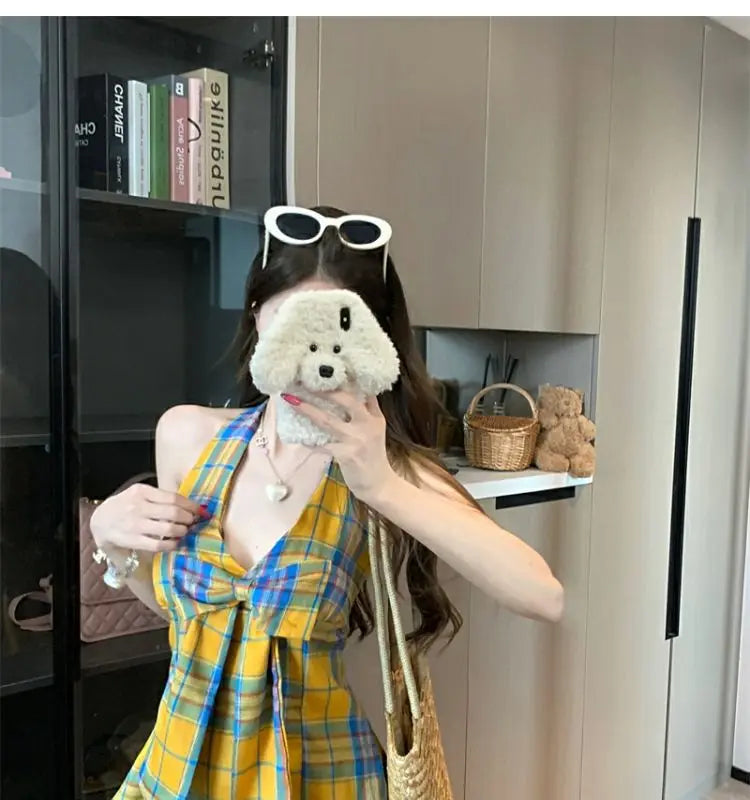 Women Plaid Bow Halter Tank Top Summer Sweet Slim Fit Sleeveless Vest Korean Style Backless Cute Girl Y2K Crop Top Casual Wear