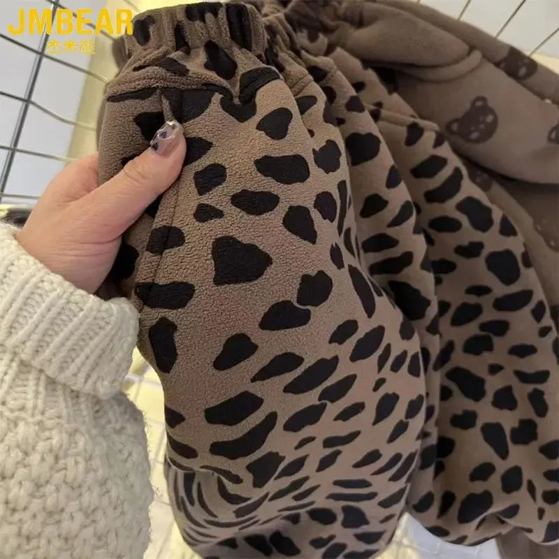 Kids' Bear & Leopard Print Fleece Pants - Winter Warm Soft Comfortable Casual Trousers for Girls and Teenagers