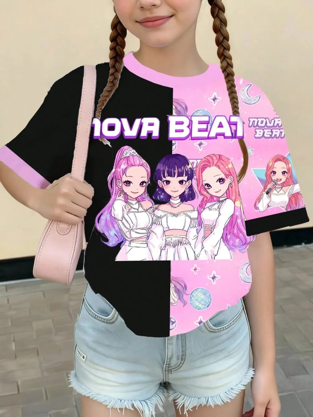 Kpop Cartoon Graphic Girls T-Shirt Casual Round-Neck T-Shirt Suitable for Girls Kids Gift Short Sleeve Tops Children's Clothing