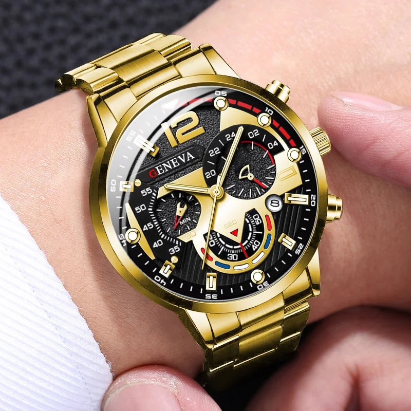 4pcs/set Men Business Watches Fashion Gold Steel Band Analog Male's Quartz Watch Jewelry Set(Without Box)