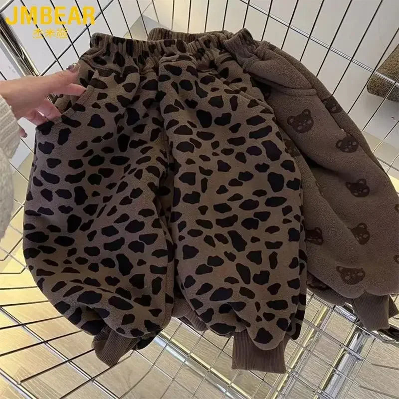 Kids' Bear & Leopard Print Fleece Pants - Winter Warm Soft Comfortable Casual Trousers for Girls and Teenagers