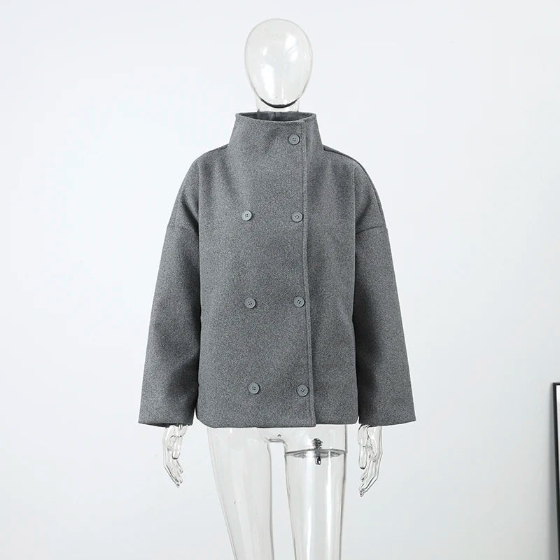 Fashion Short Woolen Coat For Women Stand Collar Full Sleeve Loose Zipper Jacket Female 2025 Spring Autumn Solid Lady Outwear