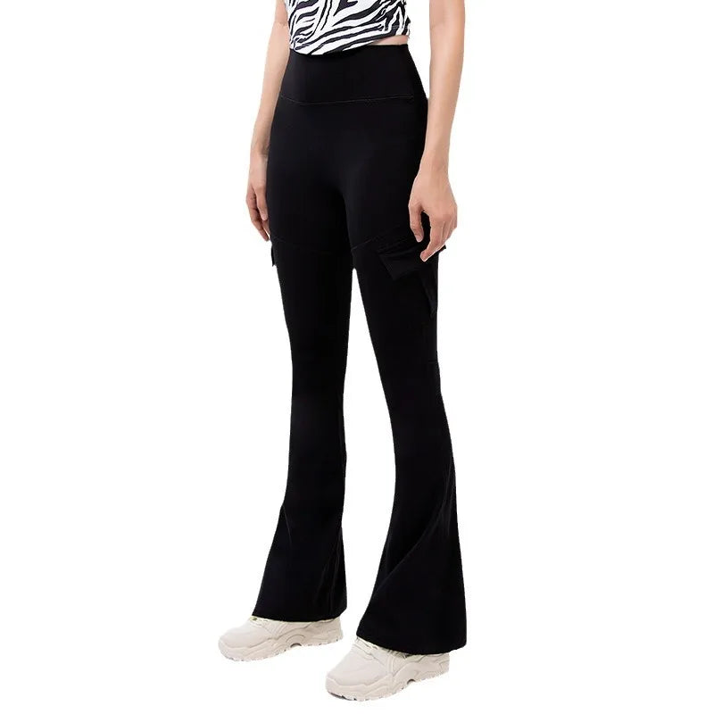 New Women Casual Bootleg Yoga Pants Plus Size Workout Flare Leggings High Waist dungarees Pants with Pockets Sports Wear