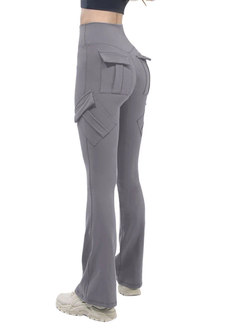 New Women Casual Bootleg Yoga Pants Plus Size Workout Flare Leggings High Waist dungarees Pants with Pockets Sports Wear