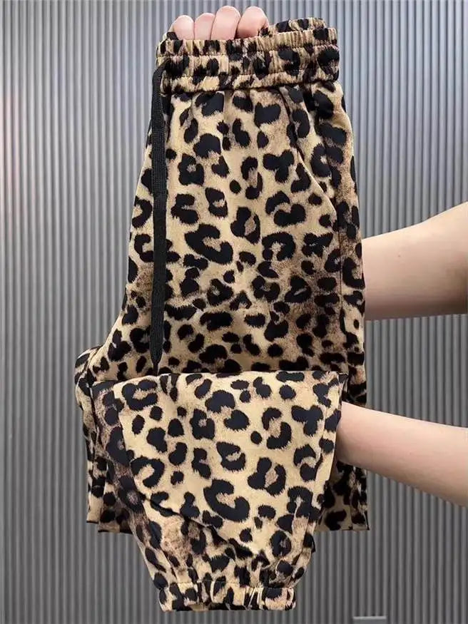 Summer New Ice Silk Leopard Print Pants Women Slim Harlan Loose Large Size Square Dance Sports High Waist Casual Trousers