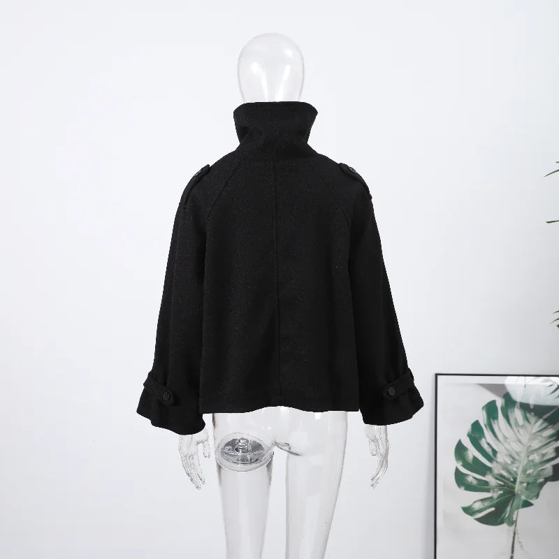 Fashion Short Woolen Coat For Women Stand Collar Full Sleeve Loose Zipper Jacket Female 2025 Spring Autumn Solid Lady Outwear