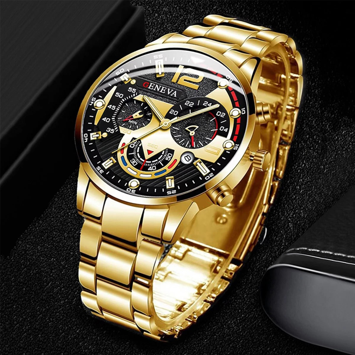 4pcs/set Men Business Watches Fashion Gold Steel Band Analog Male's Quartz Watch Jewelry Set(Without Box)