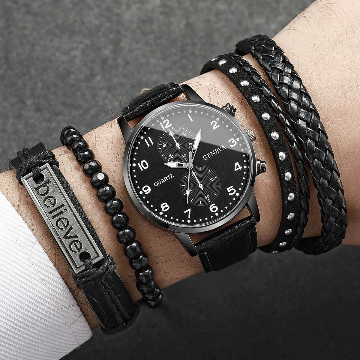 4/5PCS Fashion Men's Watches Man Business Quartz Wristwatch Vintage Leather Bracelets Set Reloj Hombre(Without Box)