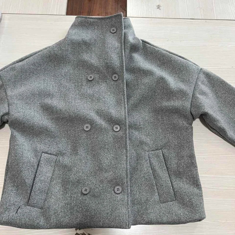 Fashion Short Woolen Coat For Women Stand Collar Full Sleeve Loose Zipper Jacket Female 2025 Spring Autumn Solid Lady Outwear