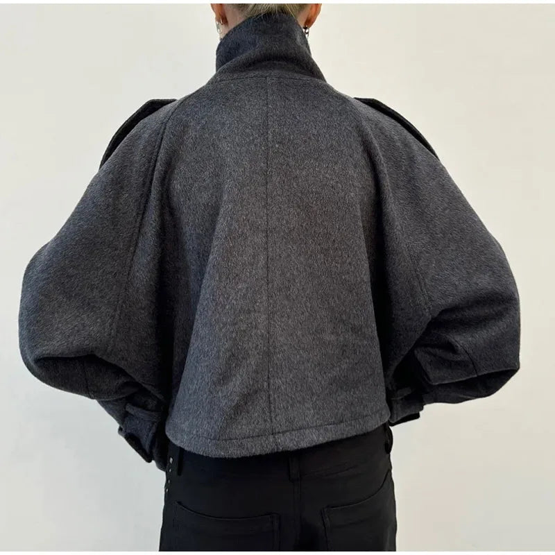 Fashion Short Woolen Coat For Women Stand Collar Full Sleeve Loose Zipper Jacket Female 2025 Spring Autumn Solid Lady Outwear