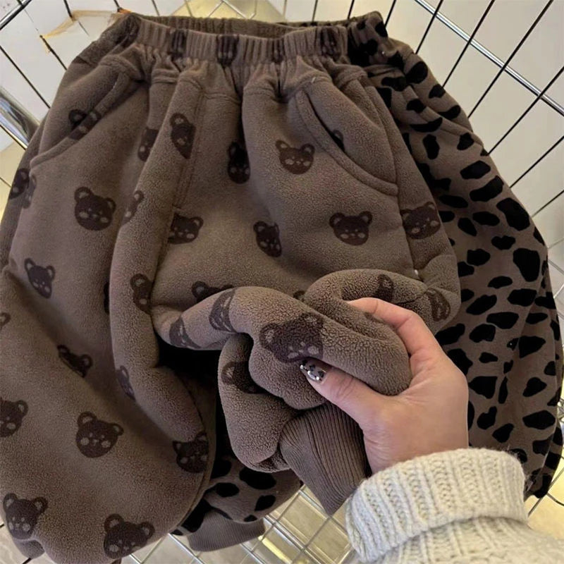 Kids' Bear & Leopard Print Fleece Pants - Winter Warm Soft Comfortable Casual Trousers for Girls and Teenagers