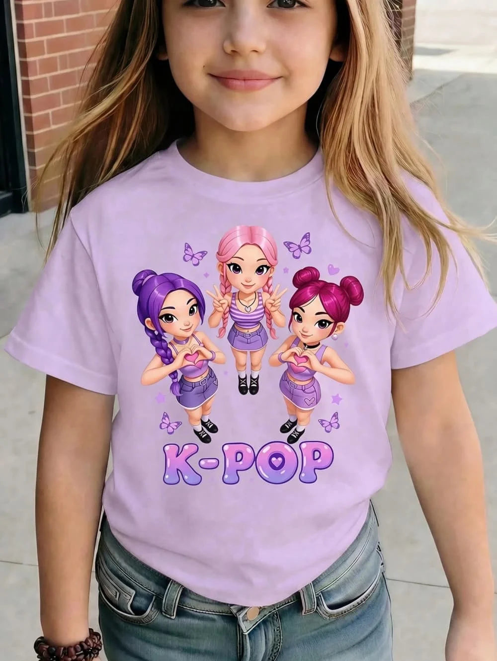 Kpop Cartoon Graphic Girls T-Shirt Casual Round-Neck T-Shirt Suitable for Girls Kids Gift Short Sleeve Tops Children's Clothing