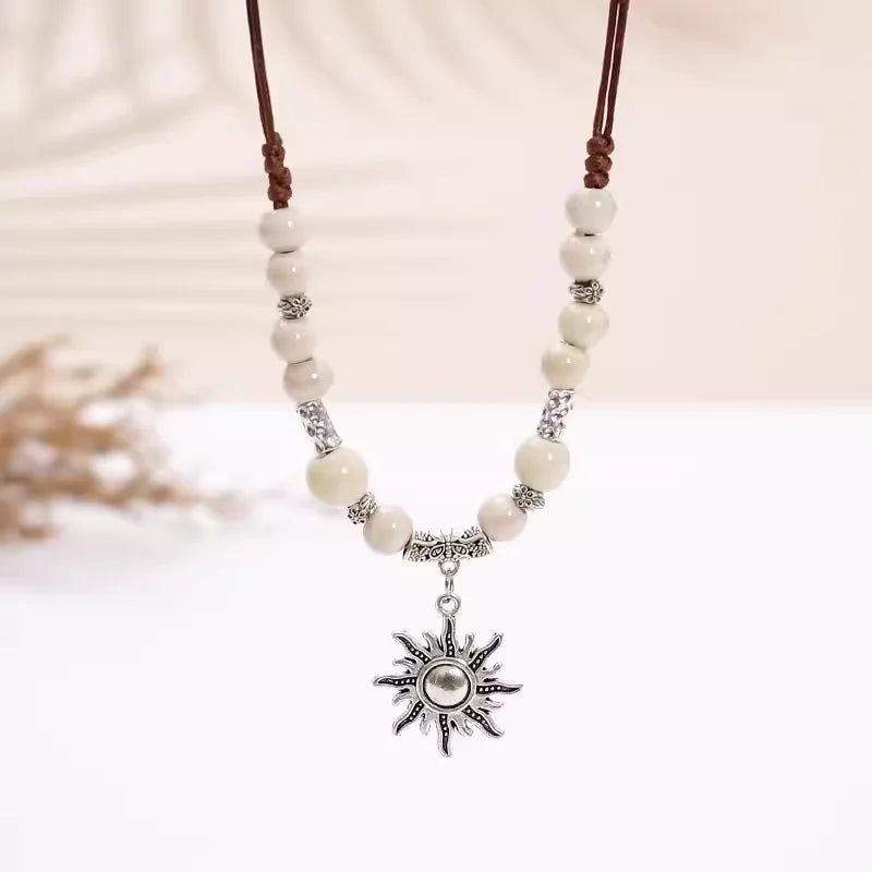 Fashion Ethnic Jewelry Traditional Handmade Ornaments Weave Wax Rope Ceramics Necklace Ceramics Beads Pendant Long Necklace
