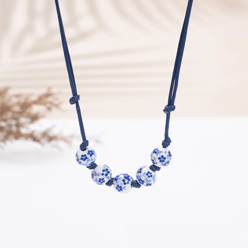 Fashion Ethnic Jewelry Traditional Handmade Ornaments Weave Wax Rope Ceramics Necklace Ceramics Beads Pendant Long Necklace