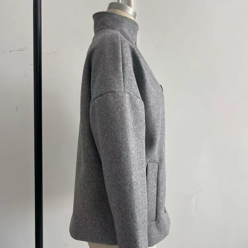 Fashion Short Woolen Coat For Women Stand Collar Full Sleeve Loose Zipper Jacket Female 2025 Spring Autumn Solid Lady Outwear