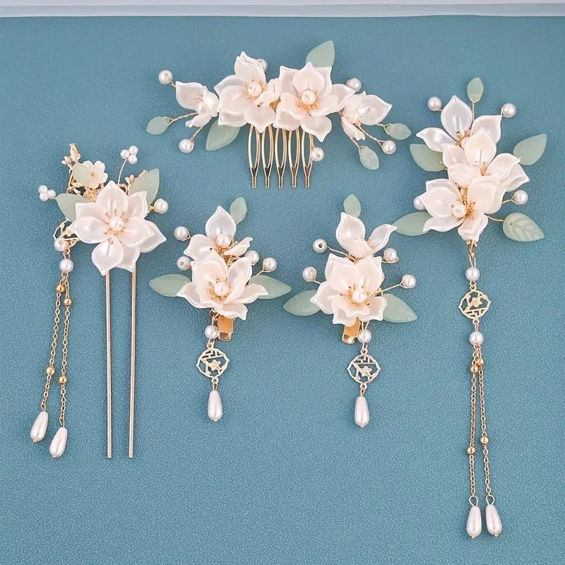 5-piece set featuring vintage floral and tassel designs, handmade Hanfu hair accessories, elegant classical style artificial flo