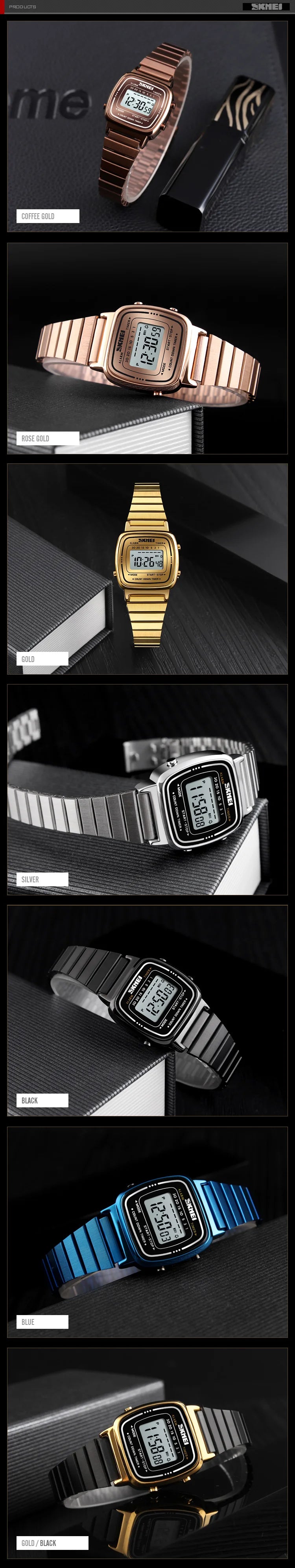 Skmei Women Bracelet Dress Watches Luxury Brand Stainless Steel Strap Fashion Waterproof Digital Chronograph Wristwatch