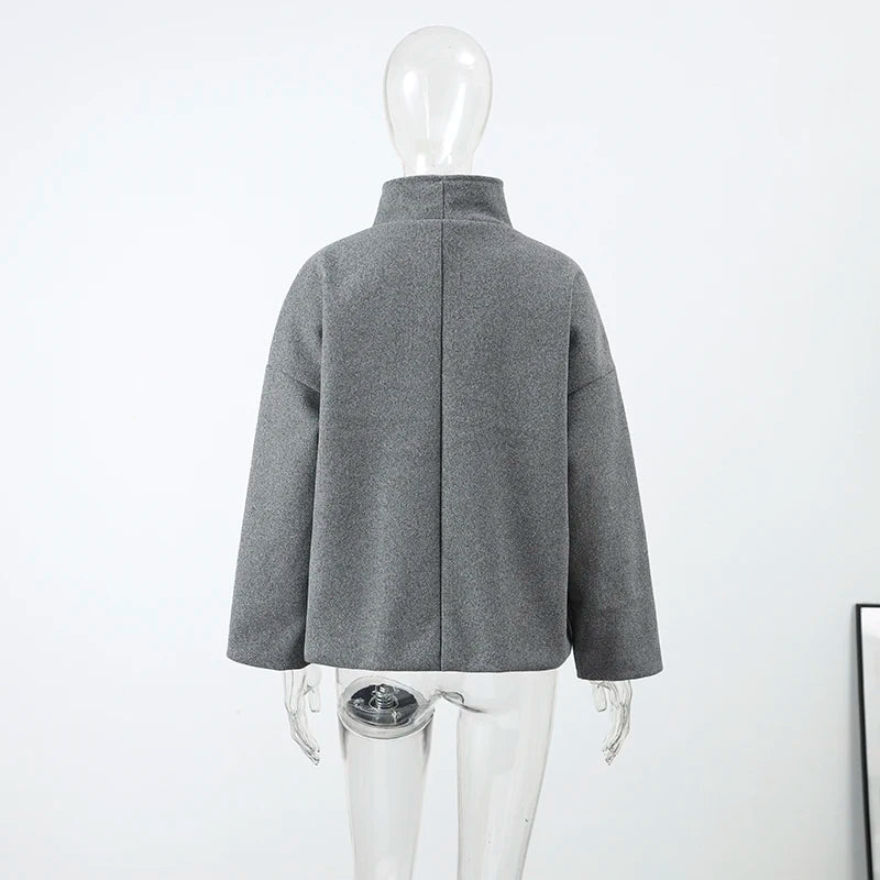Fashion Short Woolen Coat For Women Stand Collar Full Sleeve Loose Zipper Jacket Female 2025 Spring Autumn Solid Lady Outwear