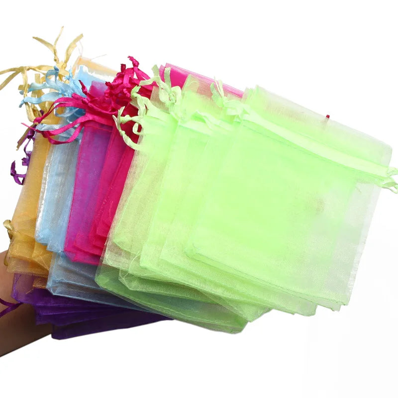 50pcs/lot 7x9cm 9x12cm 10x15 13x18cm Drawstring Organza Gift Bags Jewelry Packaging Bag Wedding Party Packaging Present Pouches