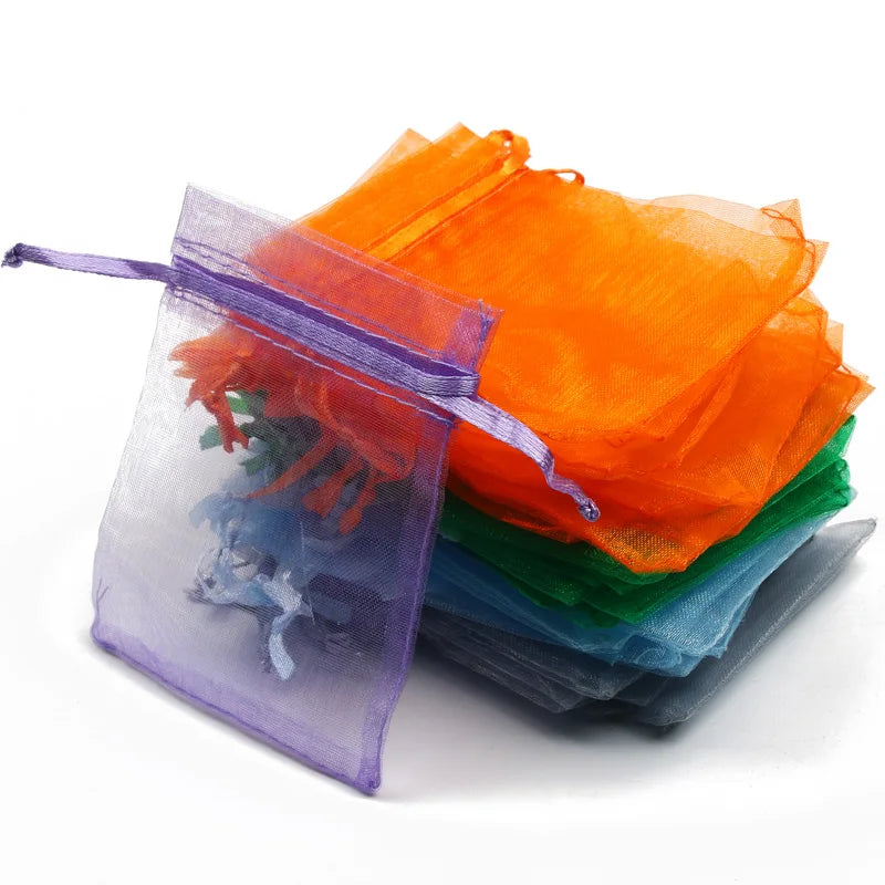 50pcs/lot 7x9cm 9x12cm 10x15 13x18cm Drawstring Organza Gift Bags Jewelry Packaging Bag Wedding Party Packaging Present Pouches