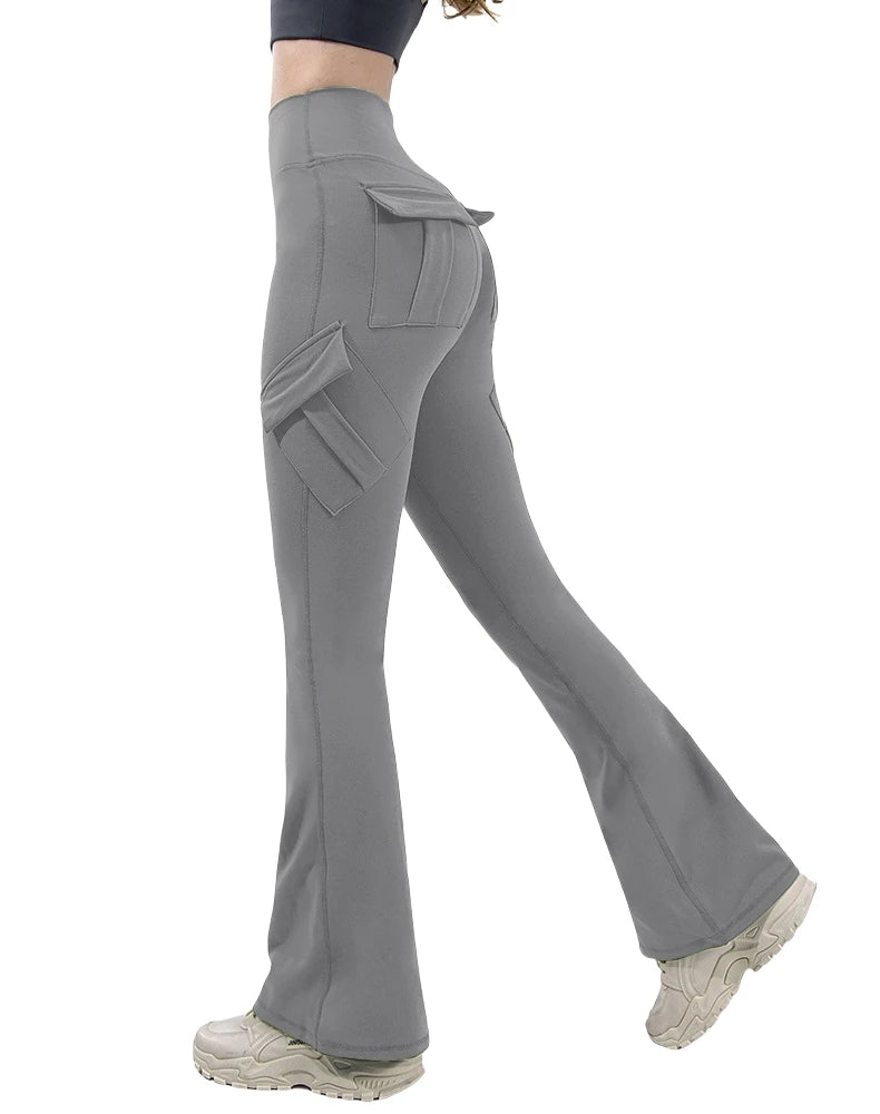 New Women Casual Bootleg Yoga Pants Plus Size Workout Flare Leggings High Waist dungarees Pants with Pockets Sports Wear