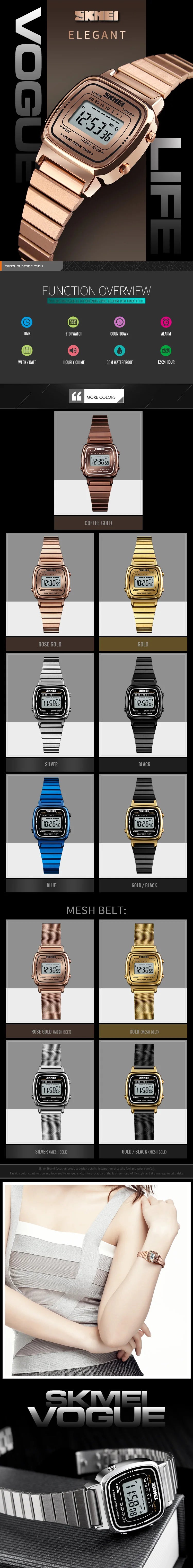 Skmei Women Bracelet Dress Watches Luxury Brand Stainless Steel Strap Fashion Waterproof Digital Chronograph Wristwatch