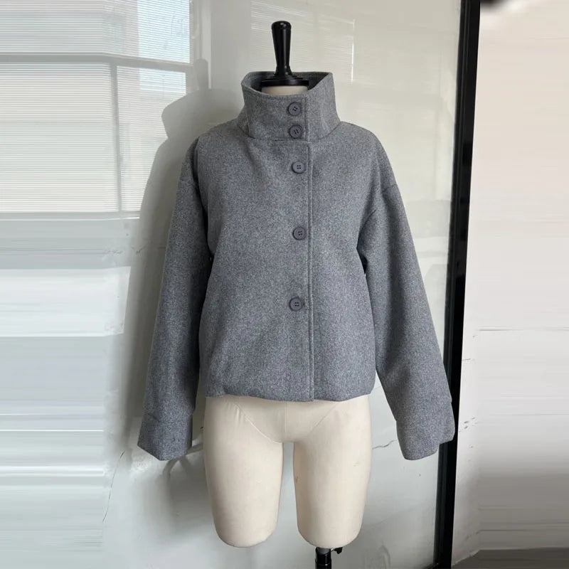 Fashion Short Woolen Coat For Women Stand Collar Full Sleeve Loose Zipper Jacket Female 2025 Spring Autumn Solid Lady Outwear