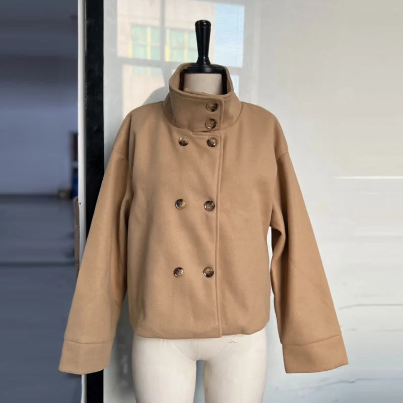 Fashion Short Woolen Coat For Women Stand Collar Full Sleeve Loose Zipper Jacket Female 2025 Spring Autumn Solid Lady Outwear