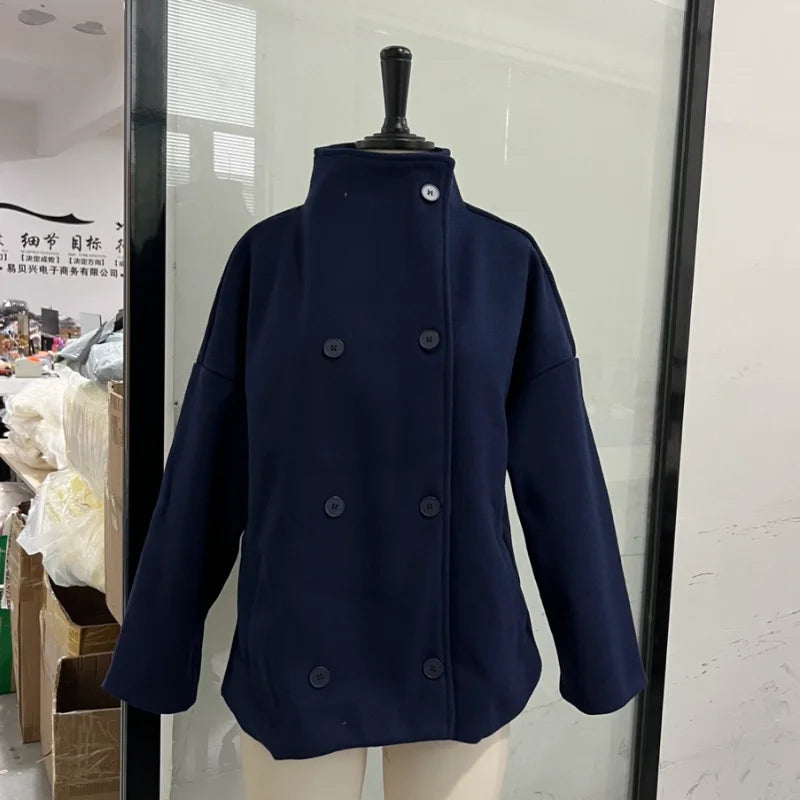 Fashion Short Woolen Coat For Women Stand Collar Full Sleeve Loose Zipper Jacket Female 2025 Spring Autumn Solid Lady Outwear