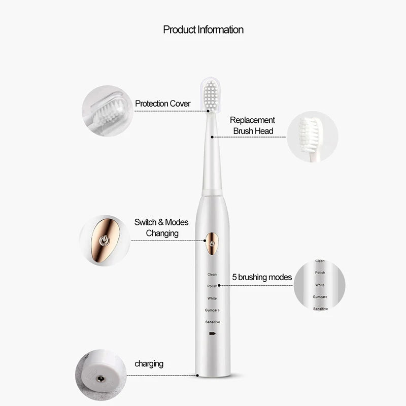 Sonic Electric Toothbrush 5-gear Mode USB Charging 4 colors IPX7 Waterproof Ultrasonic Rechargeable Soft Hair Adult Toothbrush