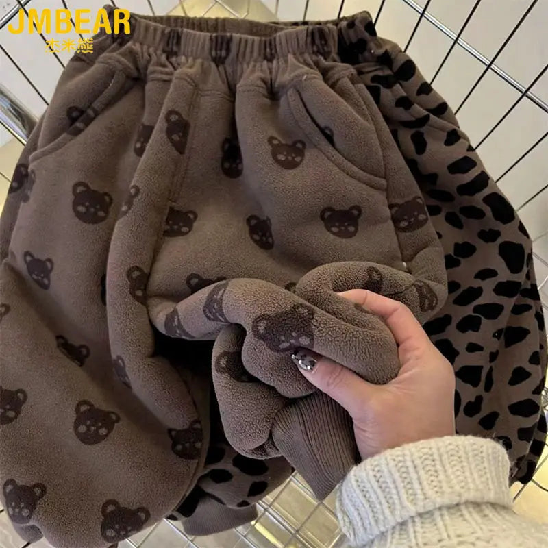 Kids' Bear & Leopard Print Fleece Pants - Winter Warm Soft Comfortable Casual Trousers for Girls and Teenagers