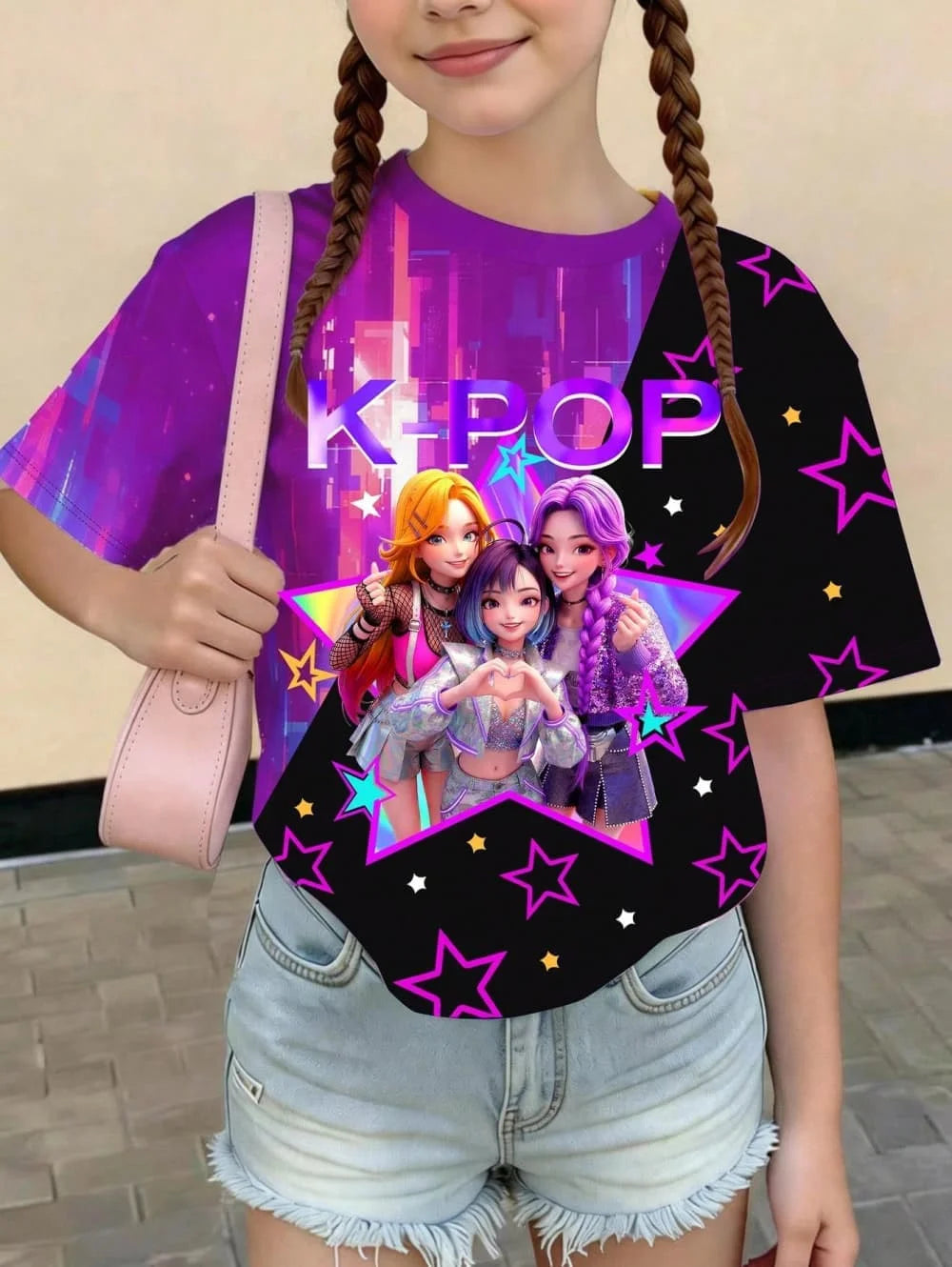 Kpop Cartoon Graphic Girls T-Shirt Casual Round-Neck T-Shirt Suitable for Girls Kids Gift Short Sleeve Tops Children's Clothing