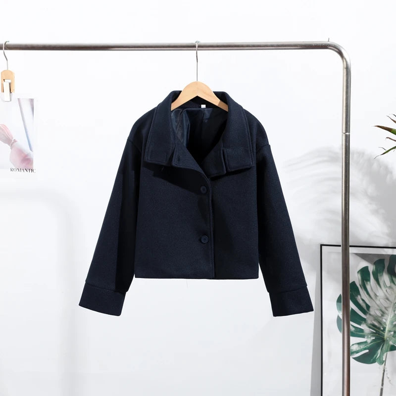 Fashion Short Woolen Coat For Women Stand Collar Full Sleeve Loose Zipper Jacket Female 2025 Spring Autumn Solid Lady Outwear