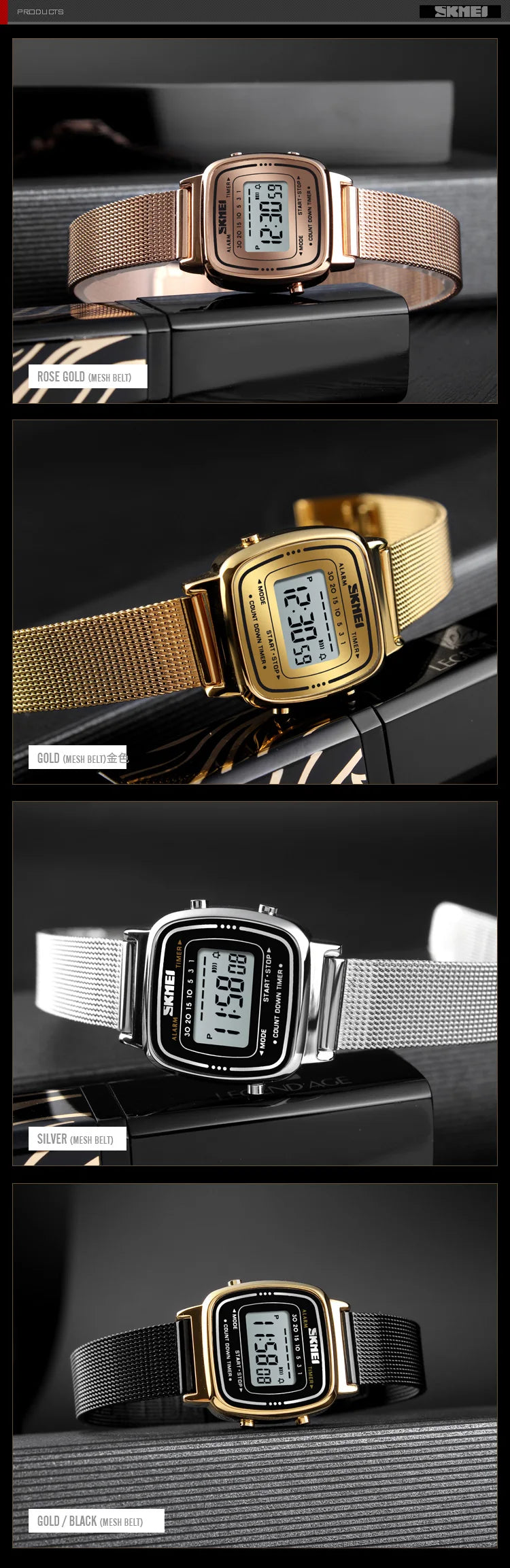 Skmei Women Bracelet Dress Watches Luxury Brand Stainless Steel Strap Fashion Waterproof Digital Chronograph Wristwatch